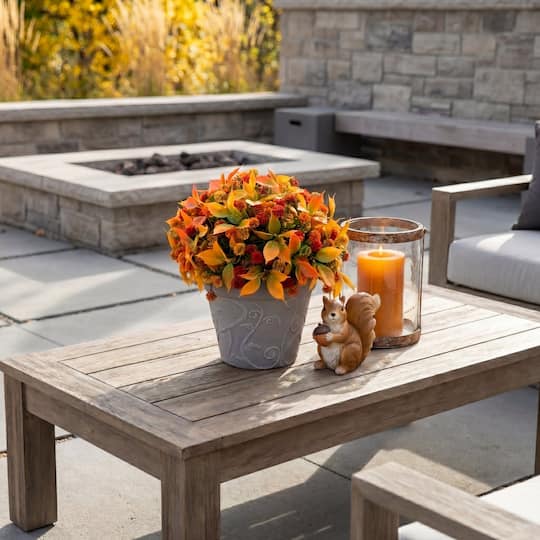 15.5" UV Resistant Autumn Artificial Mixed Fall Mum in Decorative Gray Planter